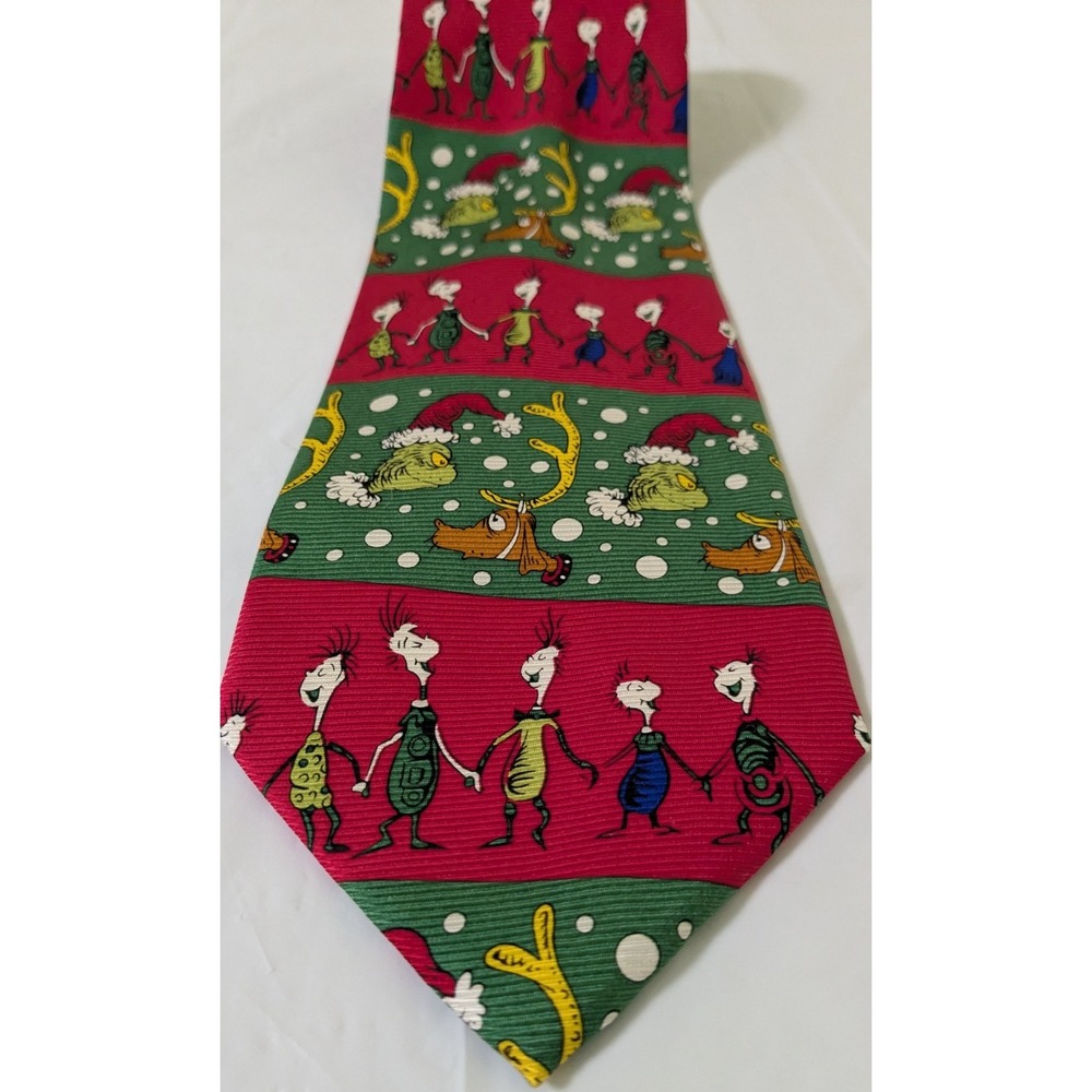 Vintage Dr Seuss Christmas Silk Tie Grinch Whoville Green Red Hand Sewn 59x4